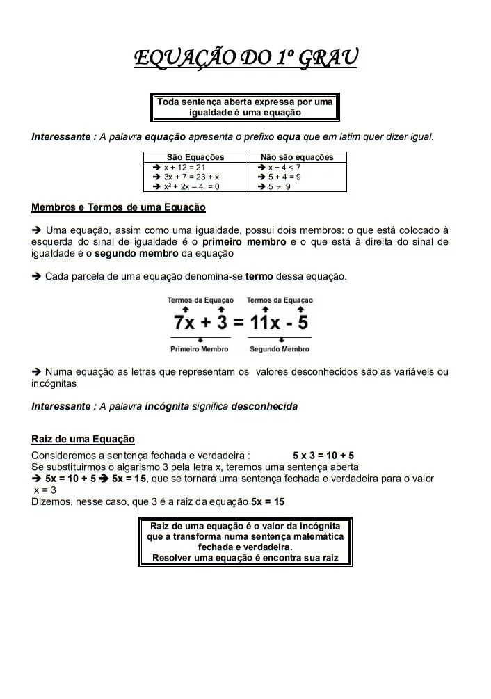 Equação do 1ª Grau: Conceito e Exercícios