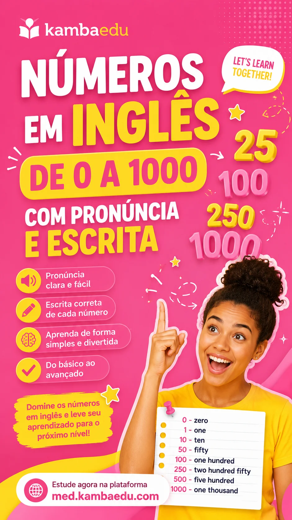 NÚMEROS EM INGLÊS DE 0 A 1000 COM PRONÚNCIA E ESCRITA