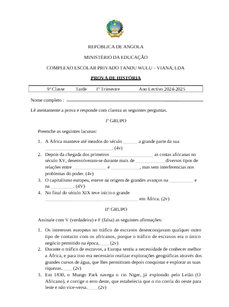 Provas Nacionais 9.ª Classe (2024)